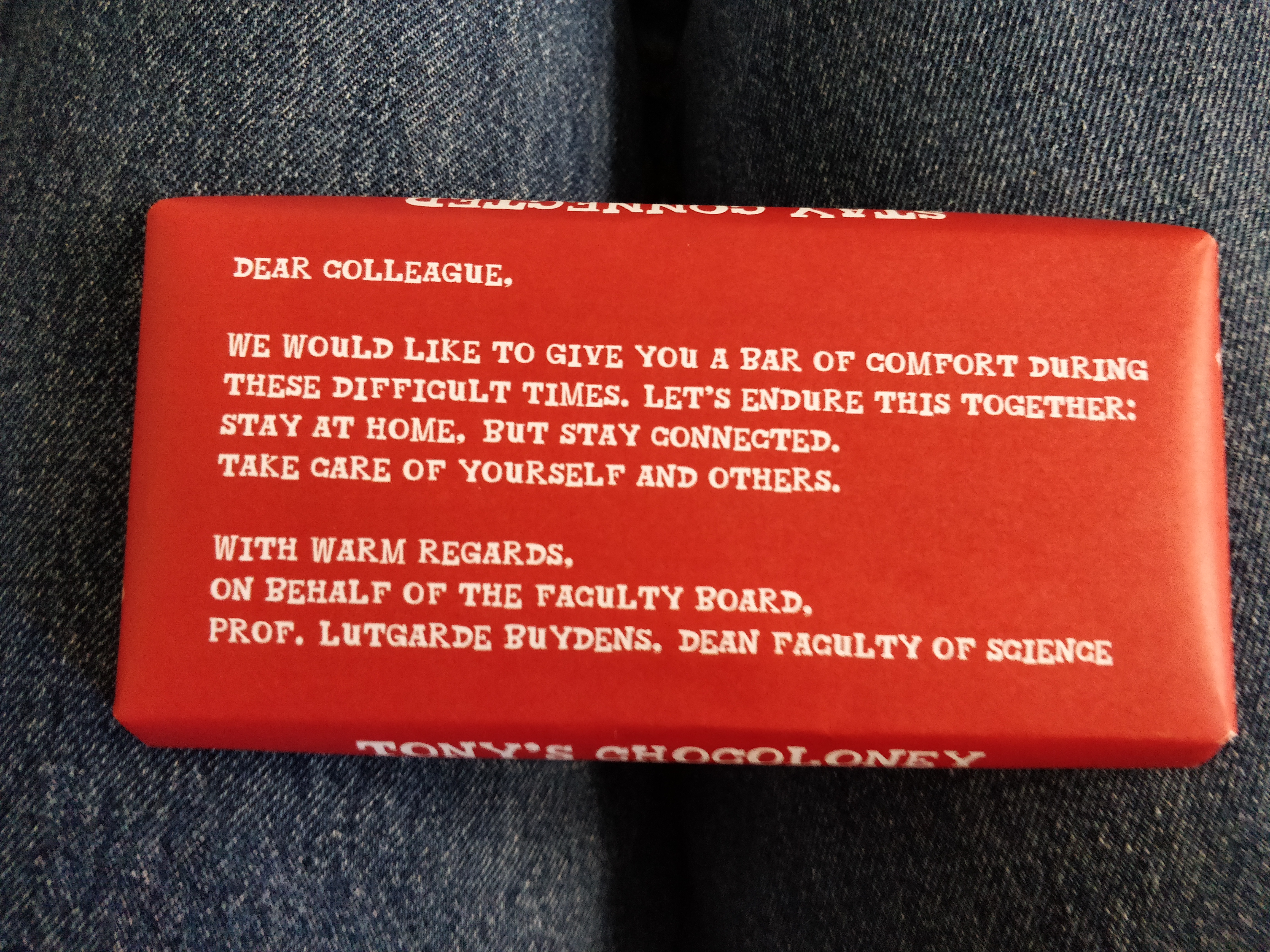 Specially printed wrapper on bar of chocolate